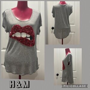 H&M Gray Top with Red Sequin Lips Design